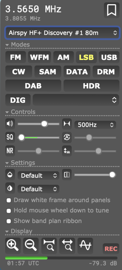 openwebrx+ receiver panel