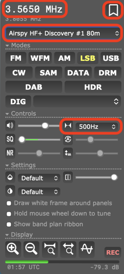 openwebrx+ receiver panel